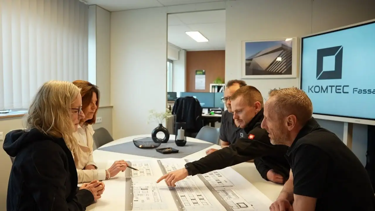 Szene aus dem KOMTEC-Imagefilm: Beratungsgespräch am Planungstisch
