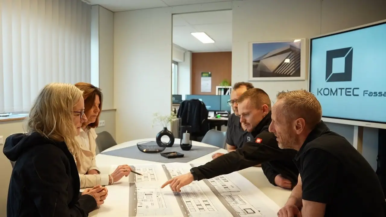 Szene aus dem KOMTEC-Imagefilm: Beratungsgespräch am Planungstisch