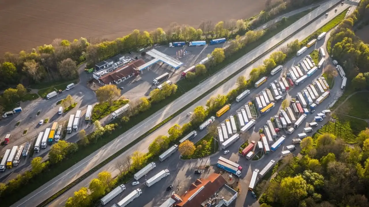 Drohnenaufnahme aus dem Mevissen-Imagefilm: Betriebsgelände mit Fahrzeugflotte aus der Luft