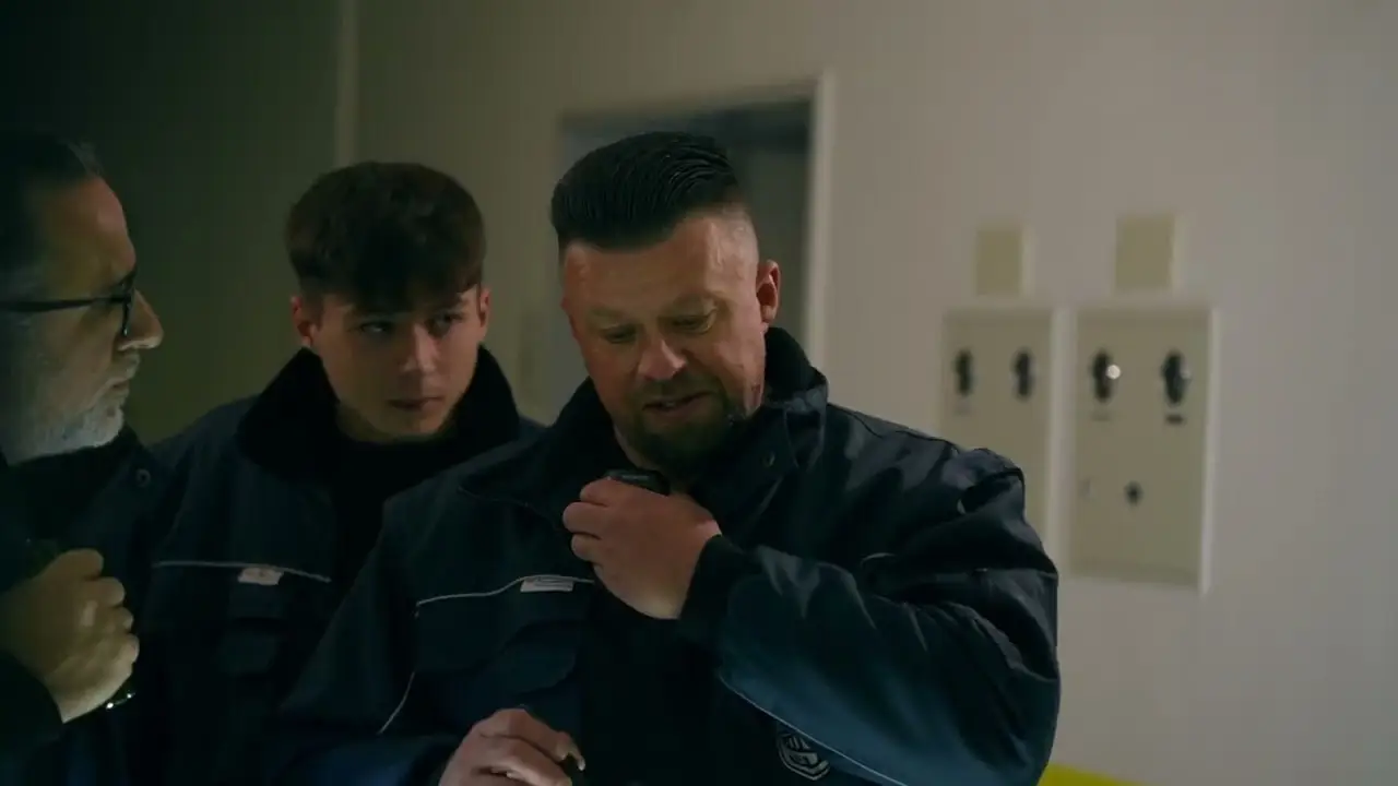 Szene aus dem Secthor5-Werbefilm: Sicherheitsmitarbeiter bei der Einsatzbesprechung